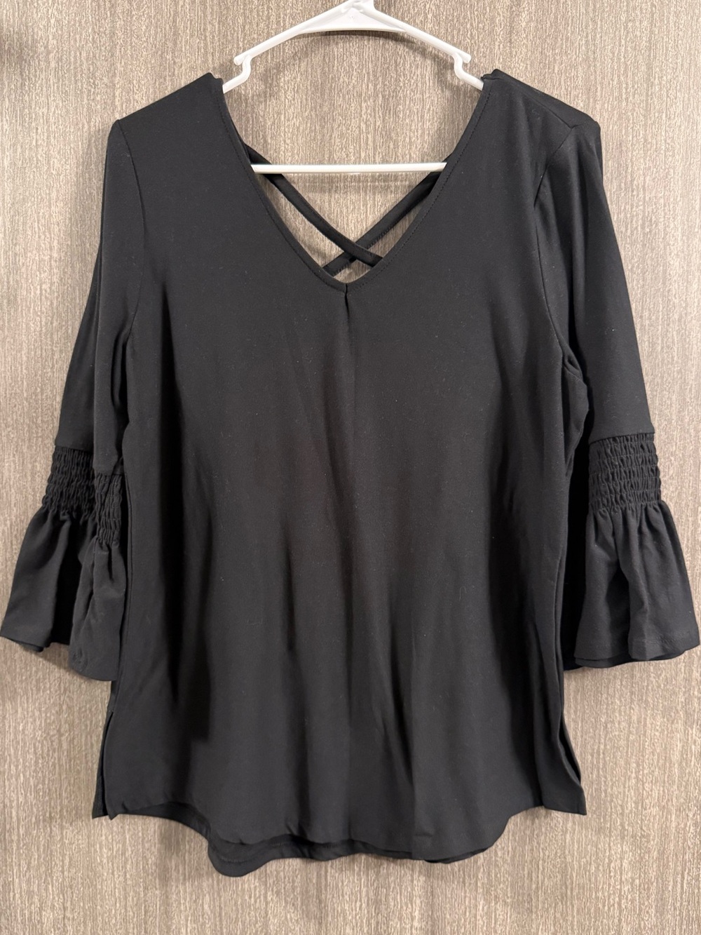 Black V-Neck Bell Sleeve Blouse with Crisscross Back